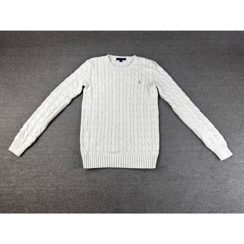 Ralph Lauren Sweater Womens Medium Cream White Cable Knit Cotton Crew Small Pony